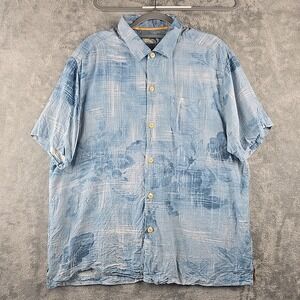 Tommy Bahama Silk Button Shirt Mens XL Blue Island Modern Fit Floral Hawaiian